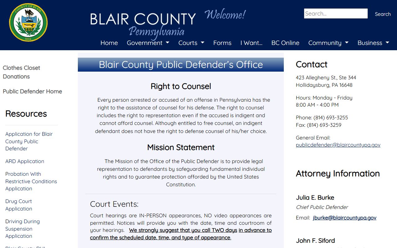 Blair County arrest records and court charges Public Defender application information