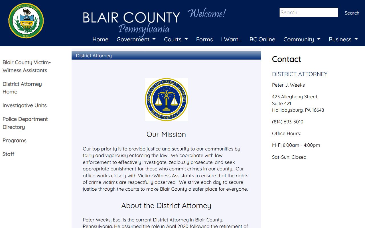 Blair County arrest records and court charges District Attorney page