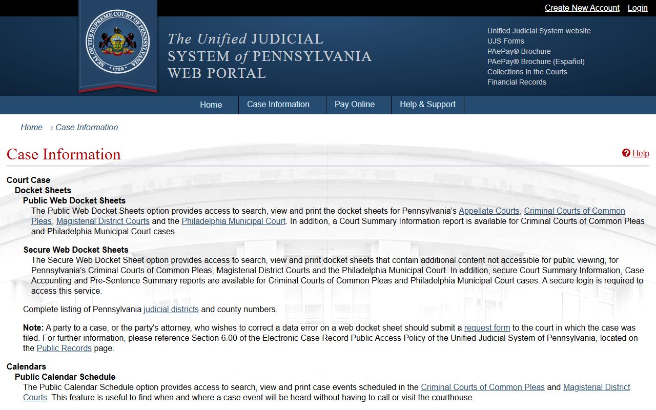 Blair County court records UJS case information page