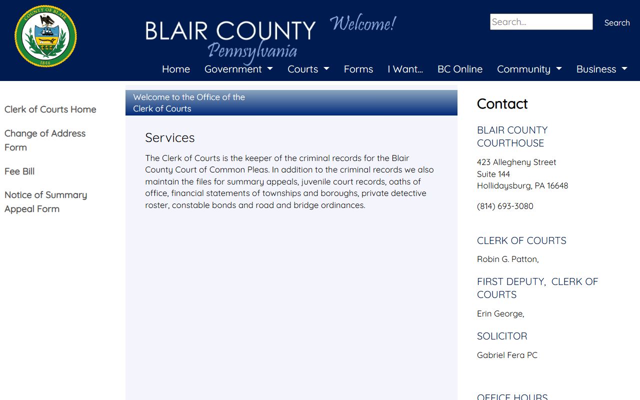 Blair County criminal court records Clerk of Courts page