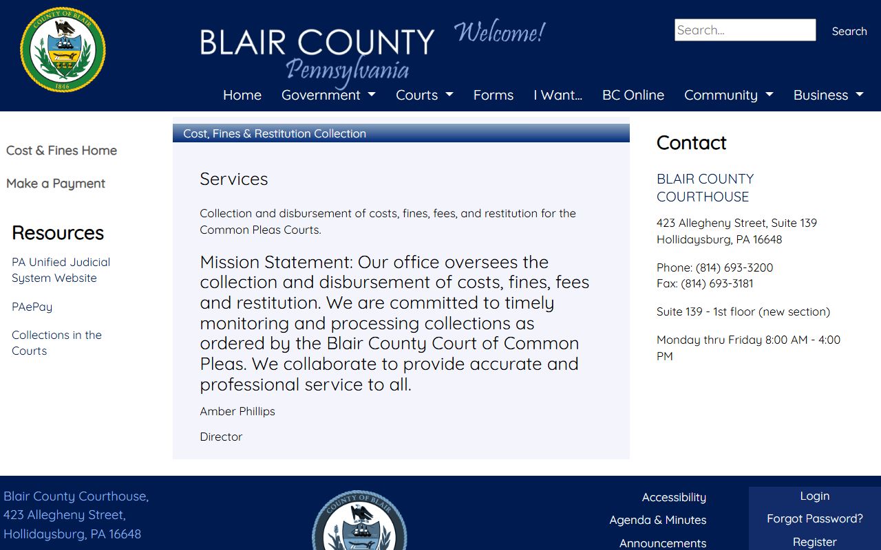Blair County criminal court records Cost Fines and Restitution page