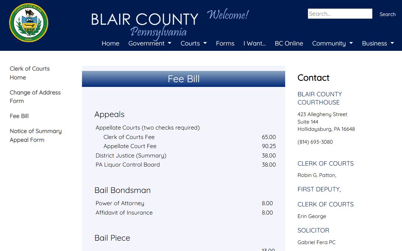 Blair County criminal court records Clerk of Courts fee bill