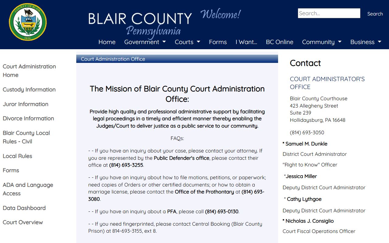 Blair County Court of Common Pleas records Court Administration page