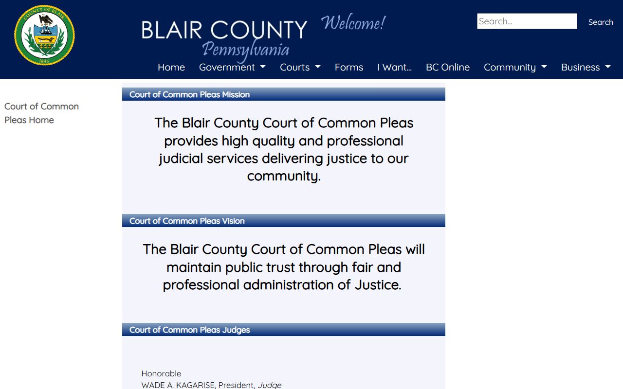 Blair County Court of Common Pleas records judges page