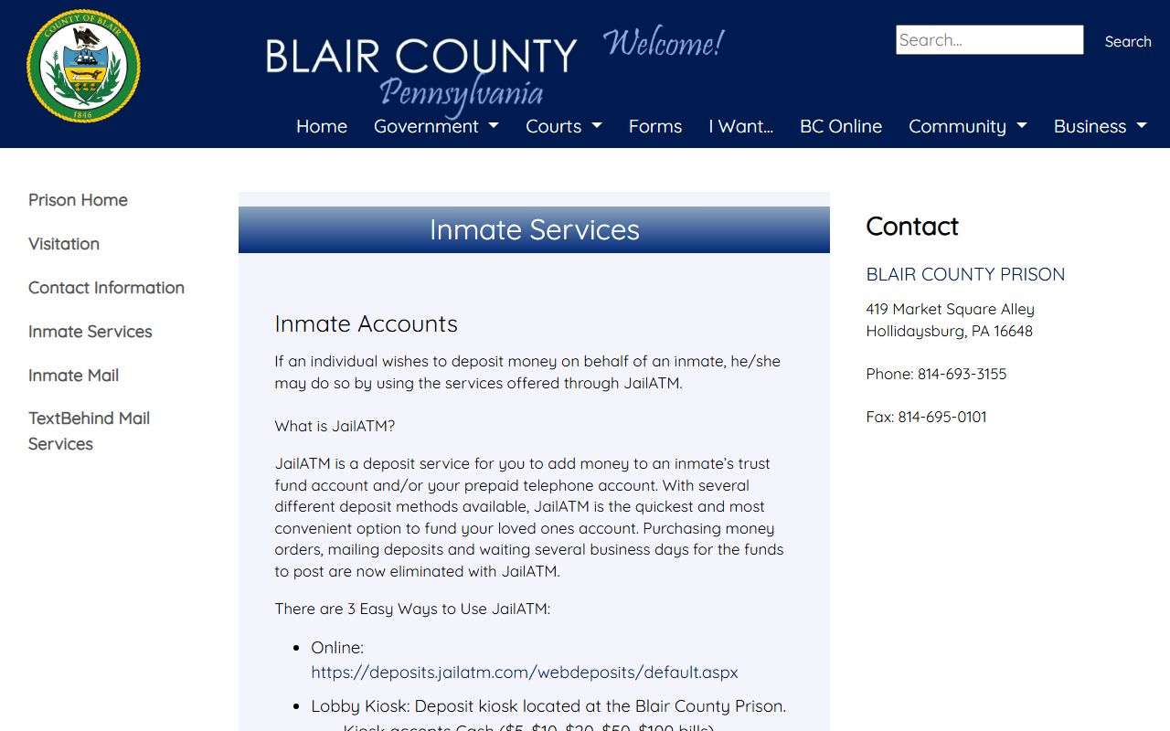 Blair County inmate records inmate services and JailATM