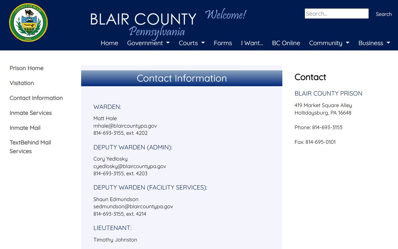 Blair County inmate records prison contact page
