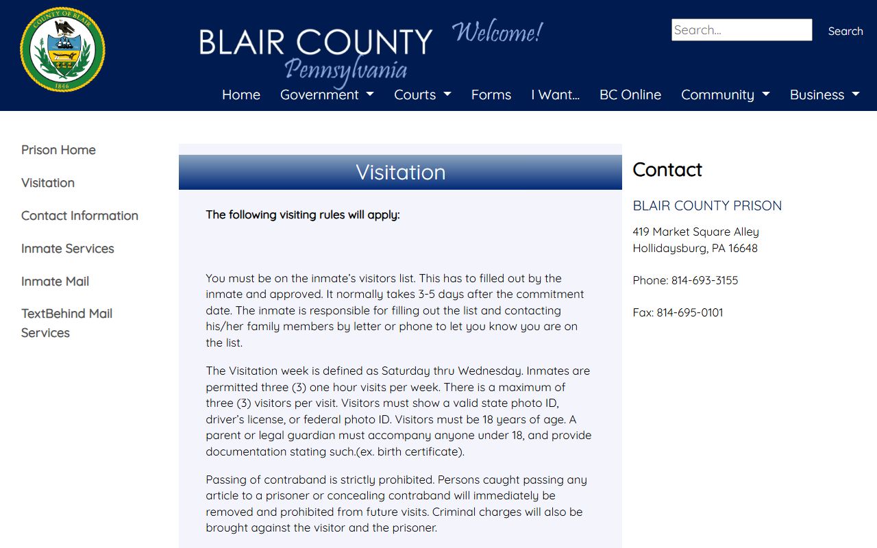 Blair County inmate records prison visitation rules