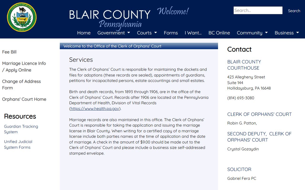 Blair County marriage records Clerk of Orphans' Court services