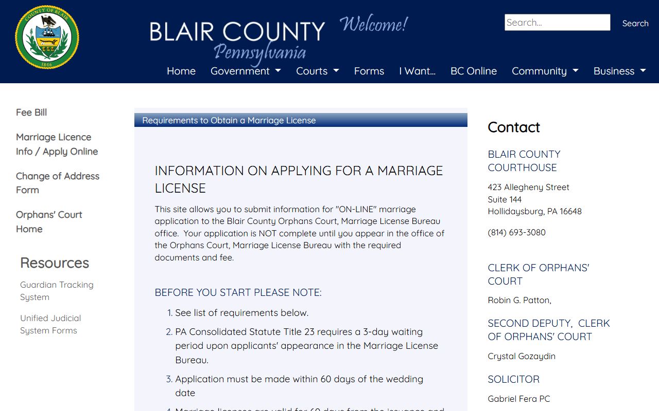 Blair County marriage records marriage license application requirements