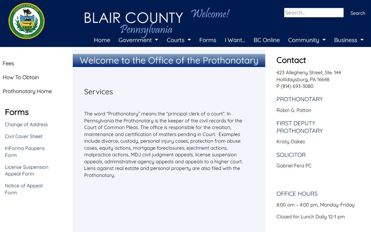 Blair County divorce records Prothonotary civil records office