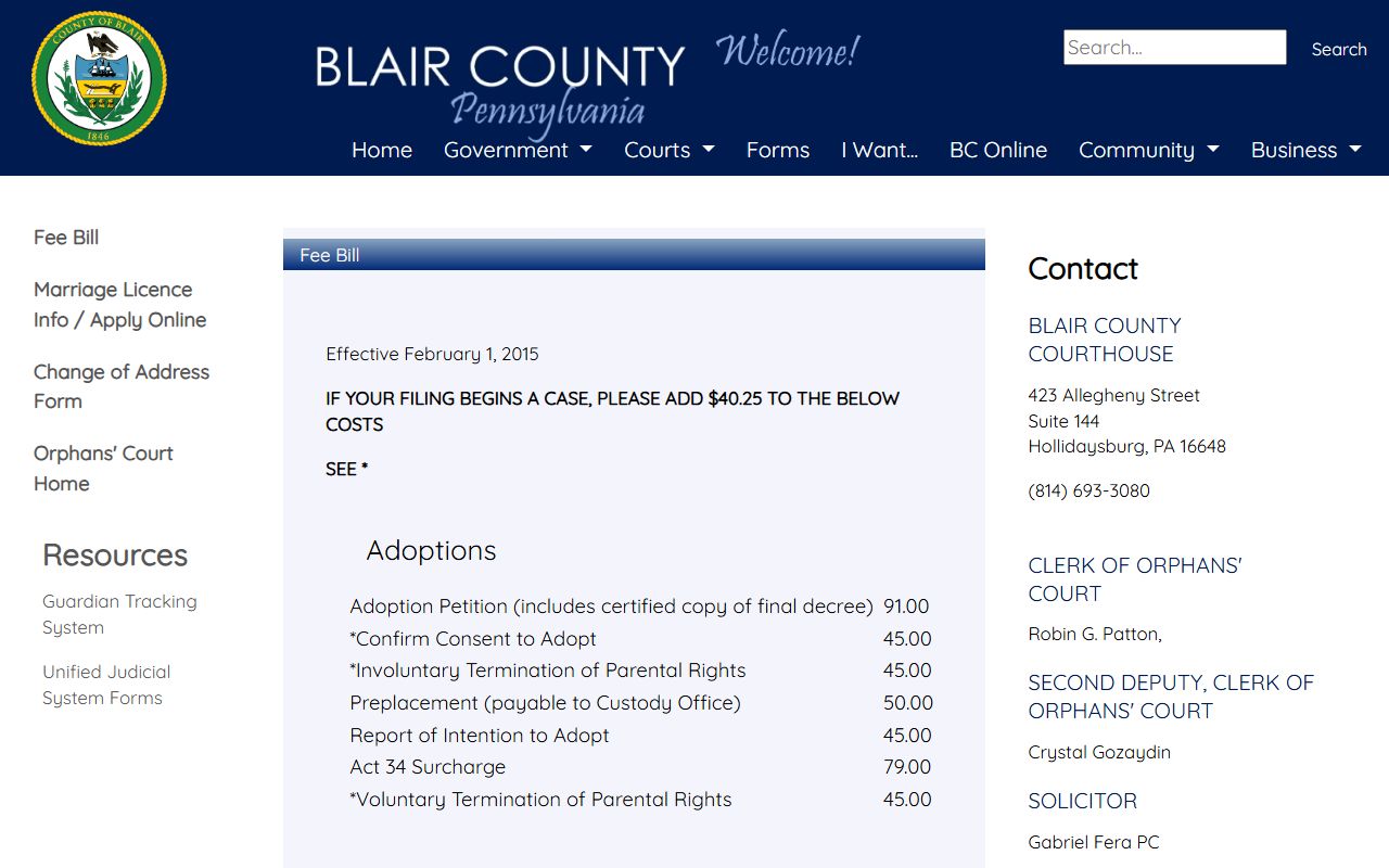 Blair County probate records Orphans' Court fee bill
