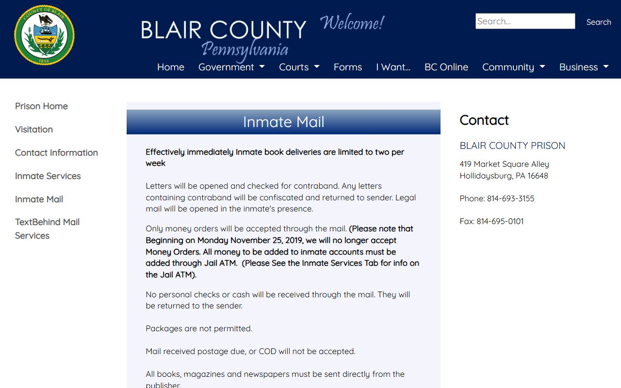 Blair County traffic court records inmate mail custody page