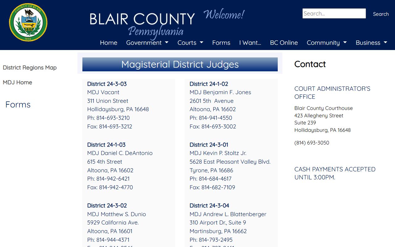 Blair County traffic court records Magisterial District Judges