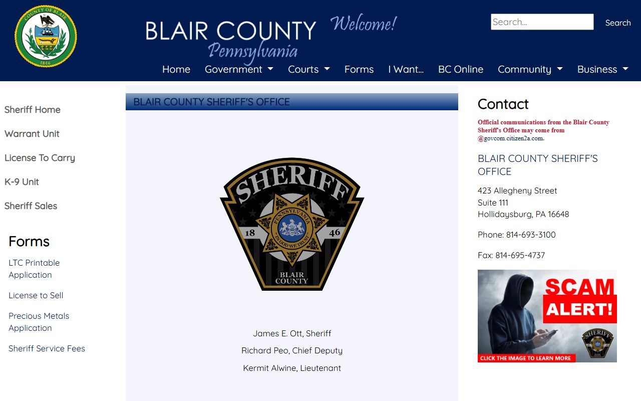 Blair County warrant records Sheriff's Office page