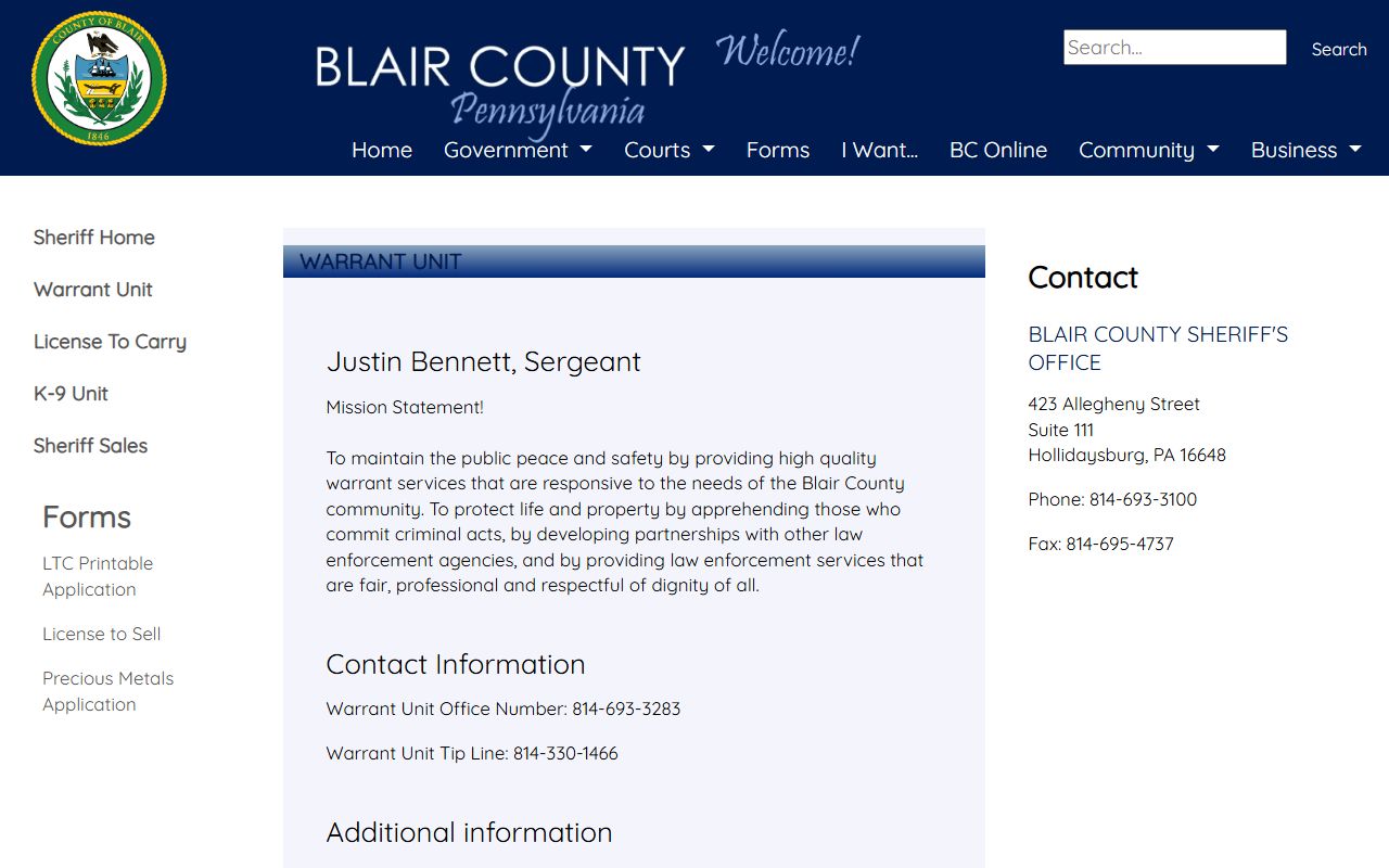 Blair County warrant records Warrant Unit contact information